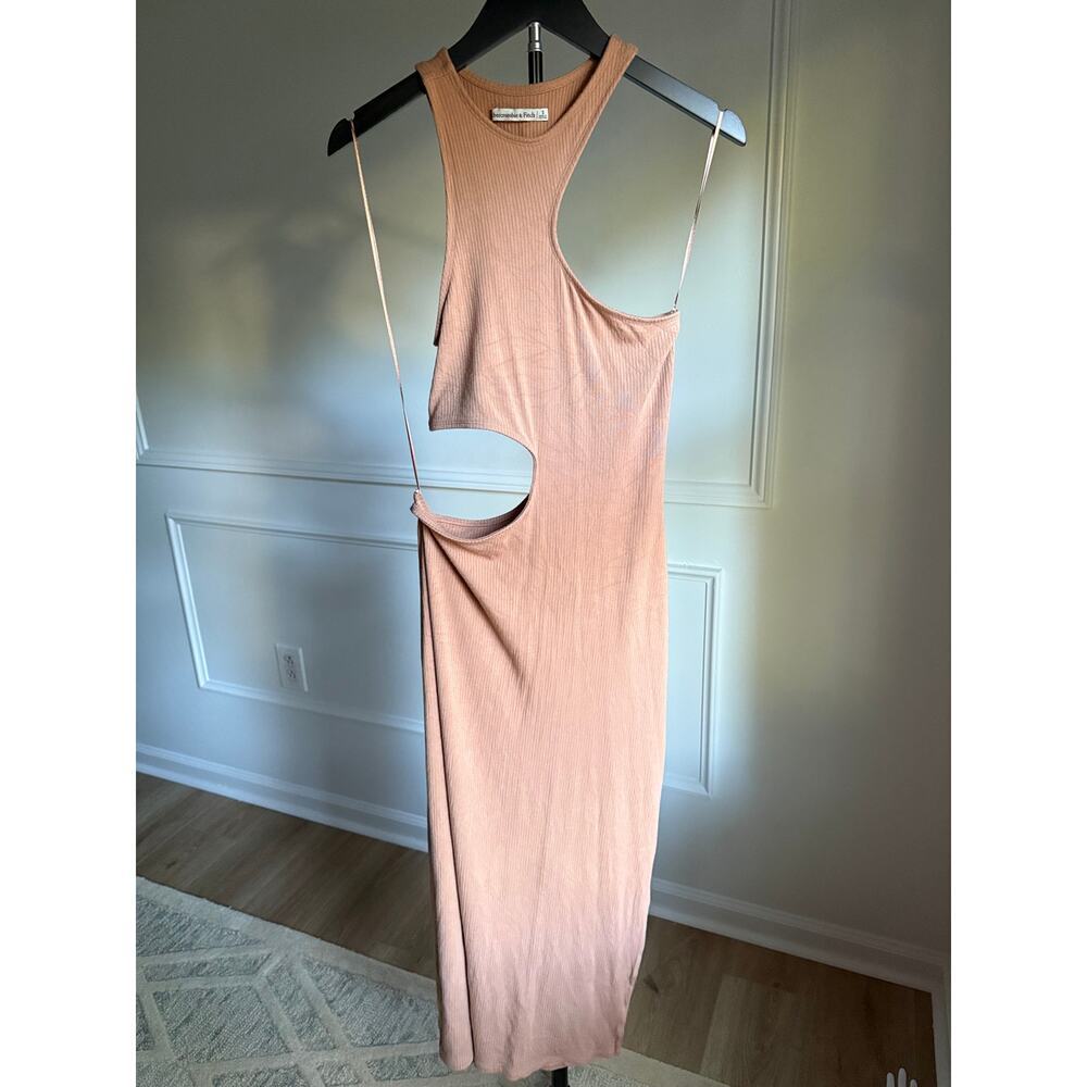 Abercrombie Fitch Asymmetrical Cutout Ribbed Midi Dress Tan Beige Nude Summer S - Picture 4 of 6